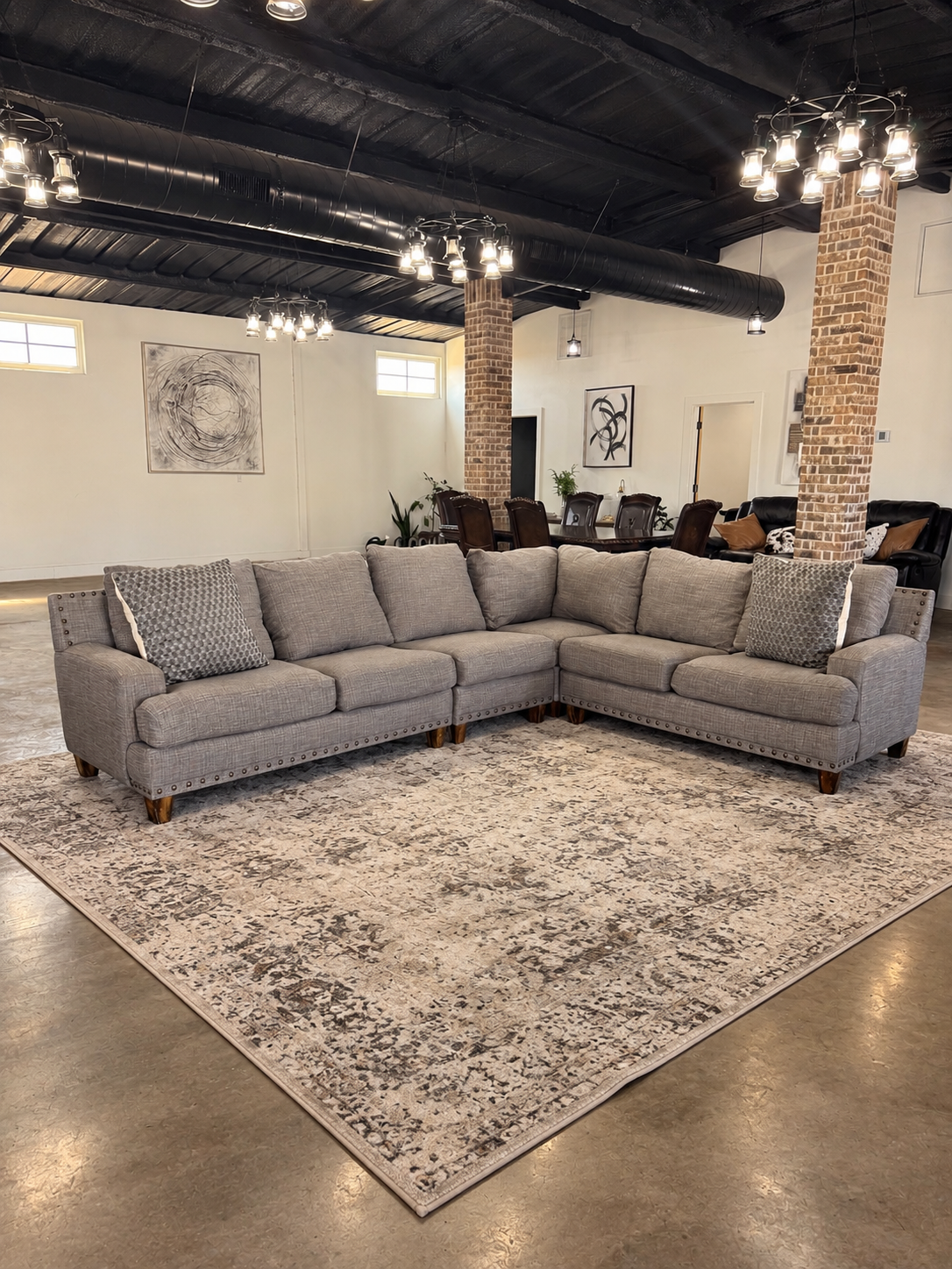 Grey Linen Nailhead 5-Seat L-Sectional